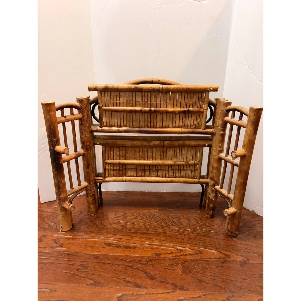Vintage Burnt Bamboo Folding Wall Shelf Tortoiseshell Mini Boho Rattan Etagere
